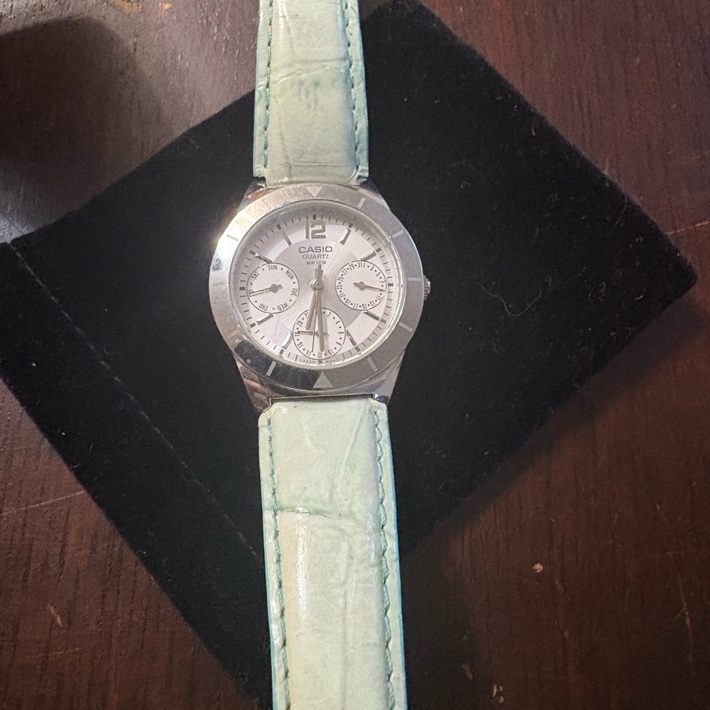 Casio Stainless Steel Watch with light blue leather Strap